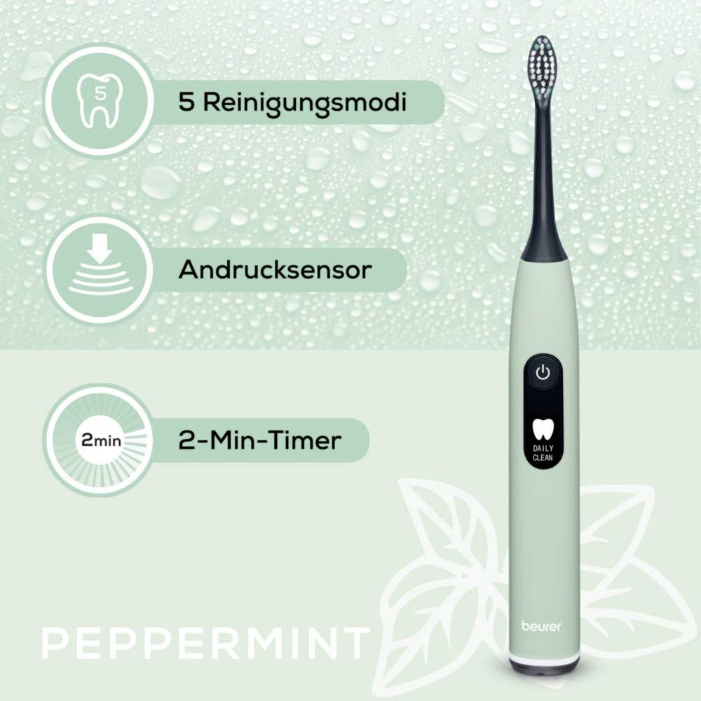 Beurer Pfefferminz-Elektrische Zahnbürste mit 5 Reinigungsmodi, Drucksensor und 2-Minuten-Timer; Wassertropfen im Hintergrund.
