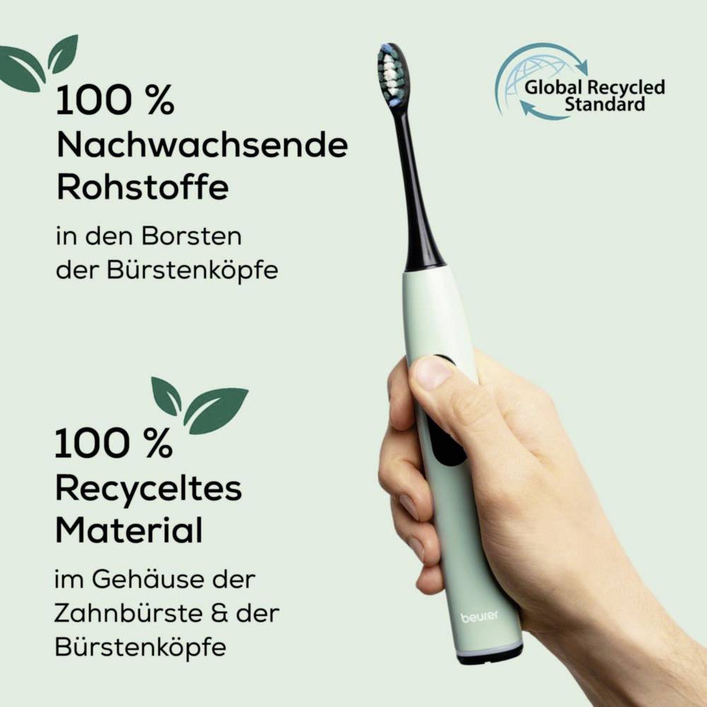Eine Hand hält eine elektrische Zahnbürste mit Text auf Deutsch, der recycelbare Materialien bewirbt. Ein Logo des 'Global Recycled Standard' ist sichtbar.