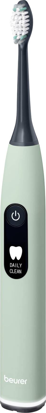 Elektrische Zahnbürste 'AquaClean' mit einem mintgrünen Griff, ausgestattet mit einem kleinen, abgerundeten Bürstenkopf mit weißen und grünen Borsten.