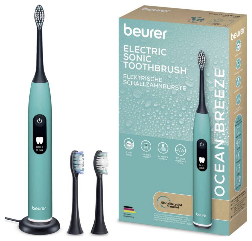 Elektrische Schallzahnbürste-Set, türkisfarbener Griff, zwei Bürstenköpfe und Ladegerät, Verpackung mit Modellbezeichnung 'Ocean Breeze', 40.000 Oszillationen pro Minute.
