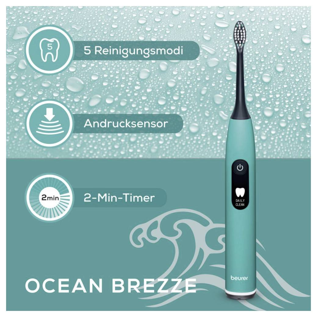 Elektrische Zahnbürste mit 5 Reinigungsmodi, Andrucksensor, 2-Min-Timer. Blaues Design mit Wassertropfen-Hintergrund, Marke 'OCEAN BREEZE'.
