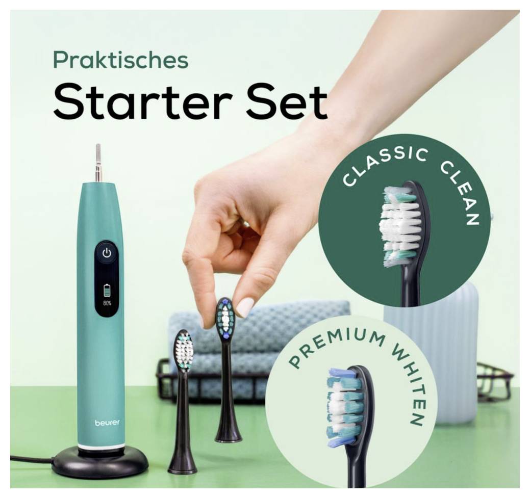 Hand beim Aufsetzen eines Bürstenkopfes auf eine elektrische Zahnbürste mit zwei Bürstentypen: 'Classic Clean' und 'Premium Whiten'. Text: 'Praktisches Starter Set'.
