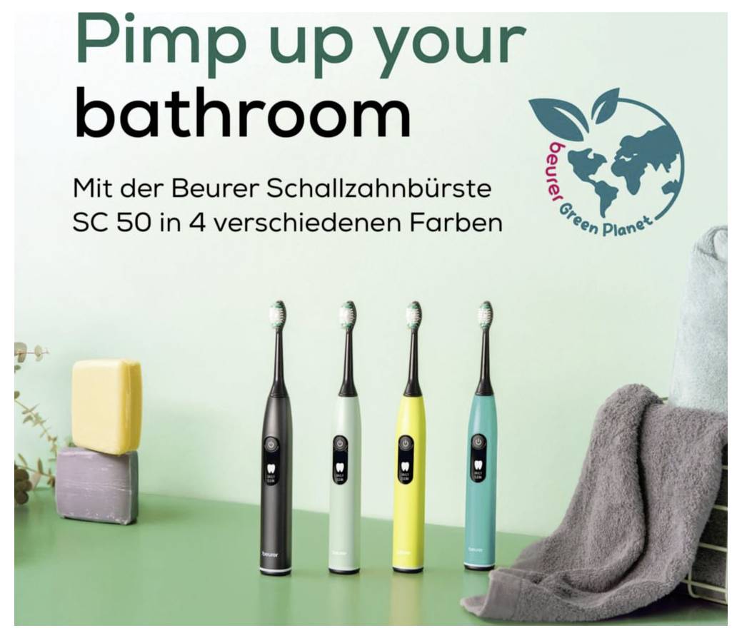 Vier Beurer elektrische Zahnbürsten in verschiedenen Farben werden präsentiert mit dem Text: 'Pimp up your bathroom'. Das Green Planet Logo ist zu sehen.