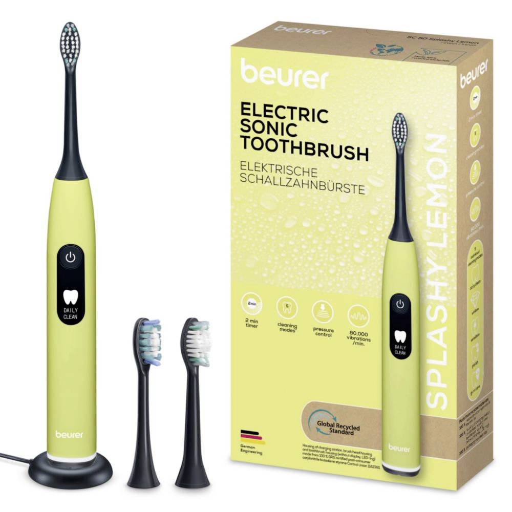 'Elektrische Schallzahnbürste von Beurer' in grün mit zwei Ersatzköpfen. Die Verpackung hebt den 'Daily Clean' Modus und '80.000' hervor.