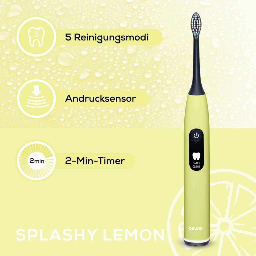 Eine elektrische Zahnbürste mit grünem Griff, umgeben von Symbolen und Text, die Funktionen beschreiben: '5 Reinigungsmodi', 'Andrucksensor', '2-Min-Timer'. Der Hintergrund hat ein Zitronen-Motiv.