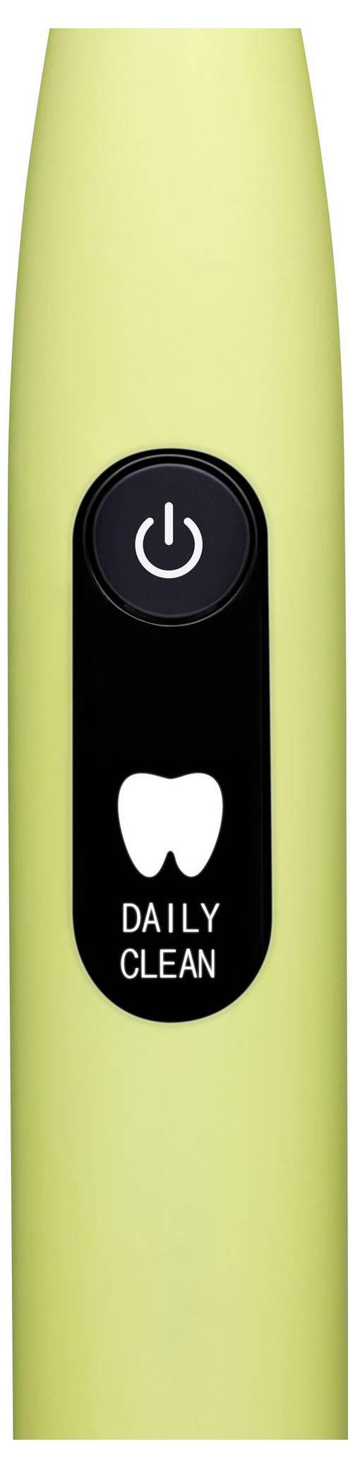 Eine gelbe Zahnbürste mit einem schwarzen Ein/Aus-Schalter, der mit „Daily Clean