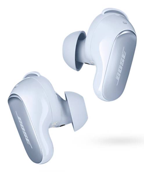 Zwei graue kabellose Ohrhörer mit dem 'Bose'-Logo an den Seiten, vor einem einfarbigen weißen Hintergrund, die ihr Design und ihre Form zeigen.