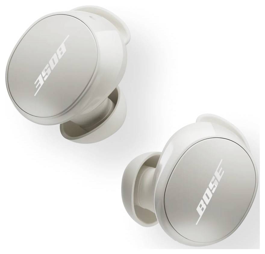 Weiße kabellose Bose-Ohrhörer mit elegantem Design, Logo auf jedem Hörer, leicht gewinkelt, um ihre kompakte Form zu betonen.
