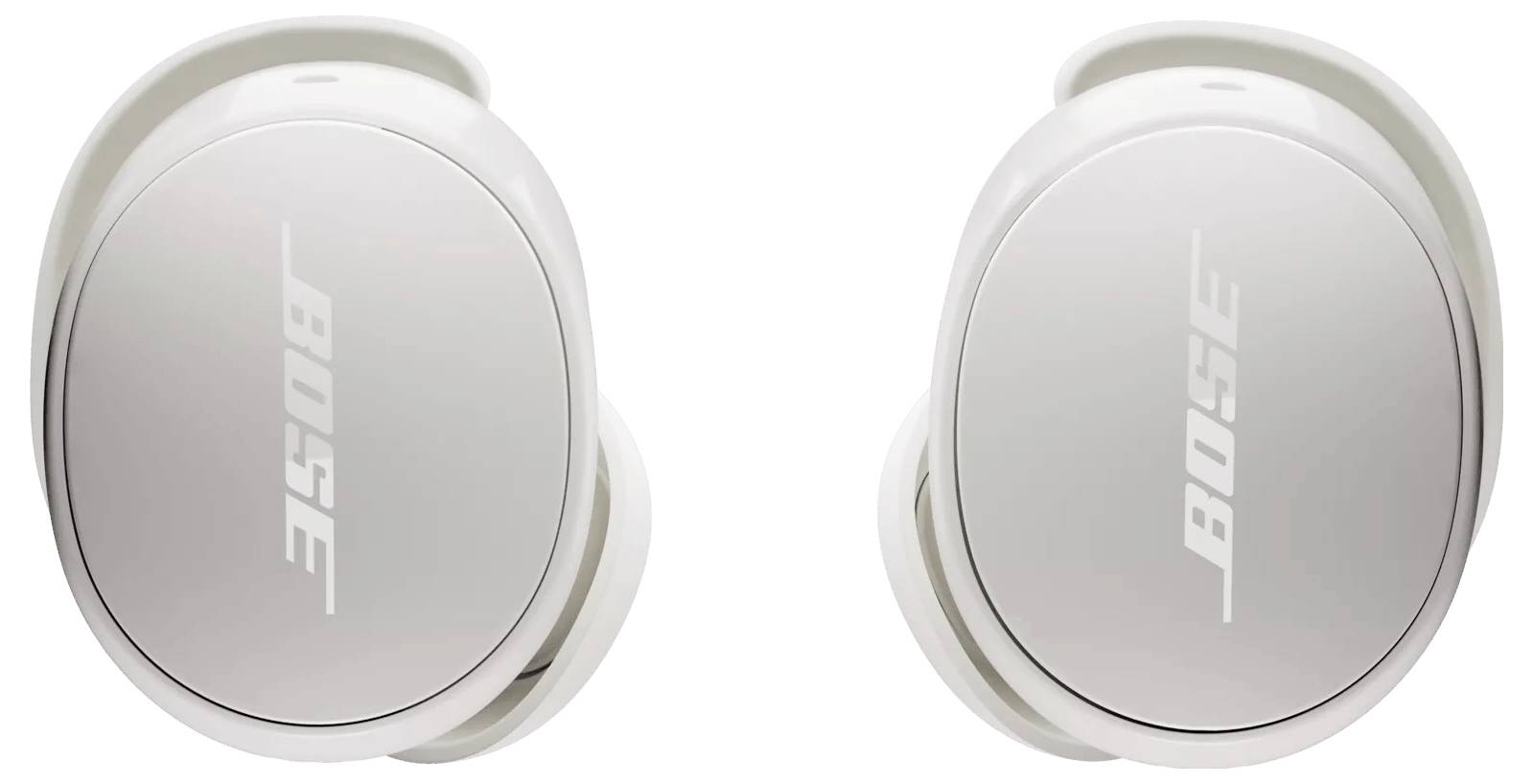 Kabellose weiße Kopfhörer mit 'Bose' Logo auf jedem Ohrmuschel, die ein schlankes Design für Noise-Cancelling-Audio zeigen.