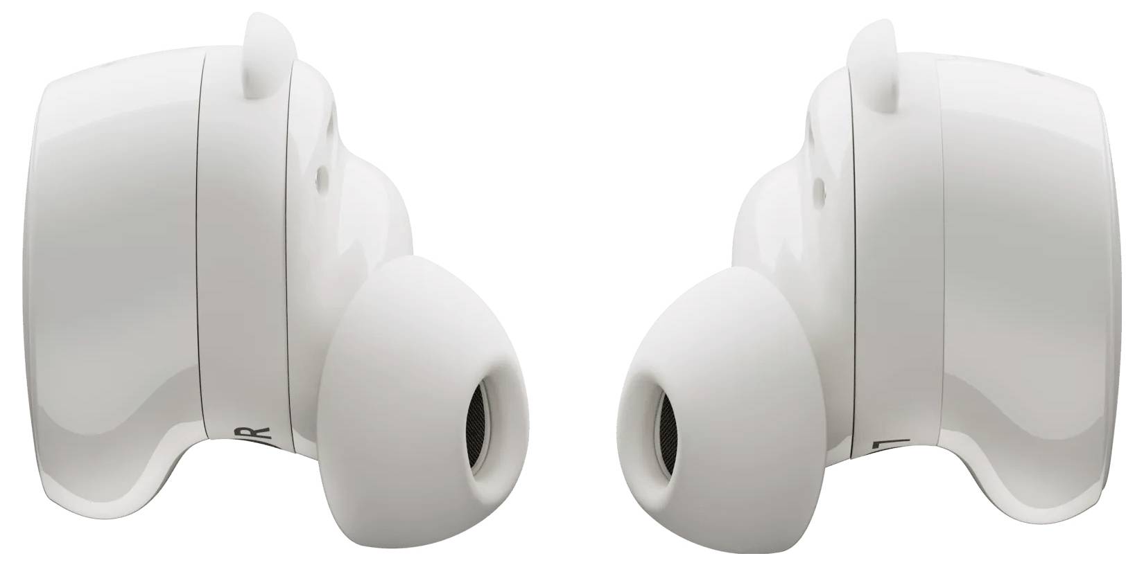 Zwei weiße kabellose Ohrhörer schauen einander gegenüber. Sie haben glatte, gerundete Designs mit Silikonspitzen, die sich für das In-Ear-Hören eignen.