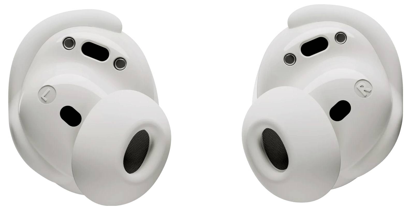 Zwei weiße kabellose Ohrhörer, die ihre Innenseite mit Ohreinsätzen und Sensoren zeigen, entwickelt für einen komfortablen In-Ear-Sitz und Audionutzung.