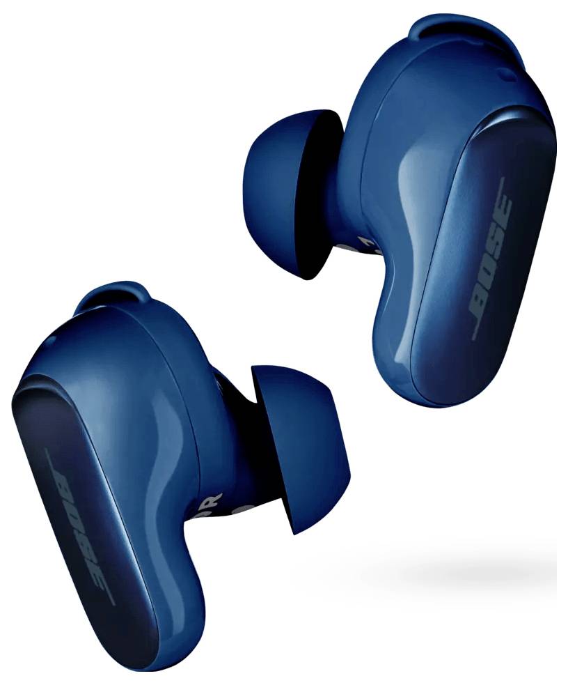Blaue drahtlose Kopfhörer der Marke Bose, von der Seite gezeigt, mit Betonung des ergonomischen Designs und der Ohrhörerform.