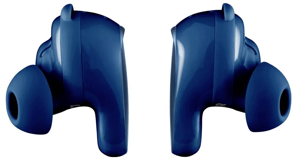 Blaue kabellose Ohrhörer, die sich einander gegenüber befinden.