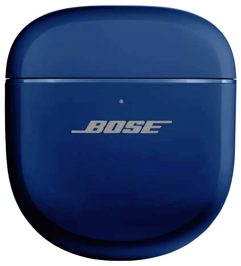 Ein blaues Bose Ohrhörer-Ladeetui mit dem Bose-Logo auf der Vorderseite.