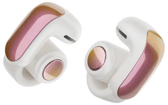 Weiße und rosa kabellose Kopfhörer mit metallischem Finish, entwickelt für Komfort und Stil.