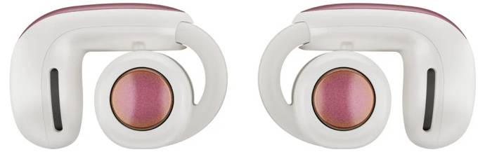 Kabellose Ohrhörer mit einem rosa Akzent und kompaktem Design, von der Seite betrachtet.