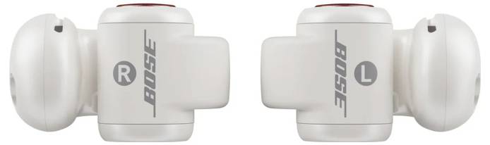 Zwei weiße Bose-Ohrhörer, die mit 'R' und 'L' gekennzeichnet sind, um rechts und links anzuzeigen.