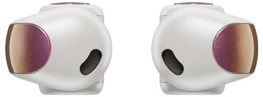 Draufsicht von zwei weißen und rosa kabellose Ohrhörern mit ovalen äußeren Gehäusen, nebeneinander platziert.