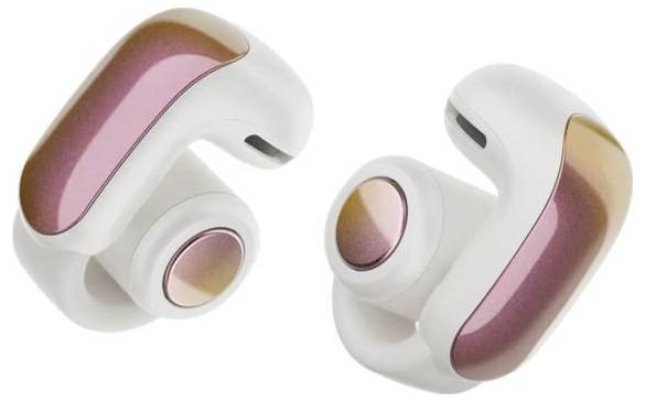 Ein Paar weiße und rosa kabellose Ohrhörer mit elegantem Design, abgerundeten Kanten und reflektierenden Oberflächen.