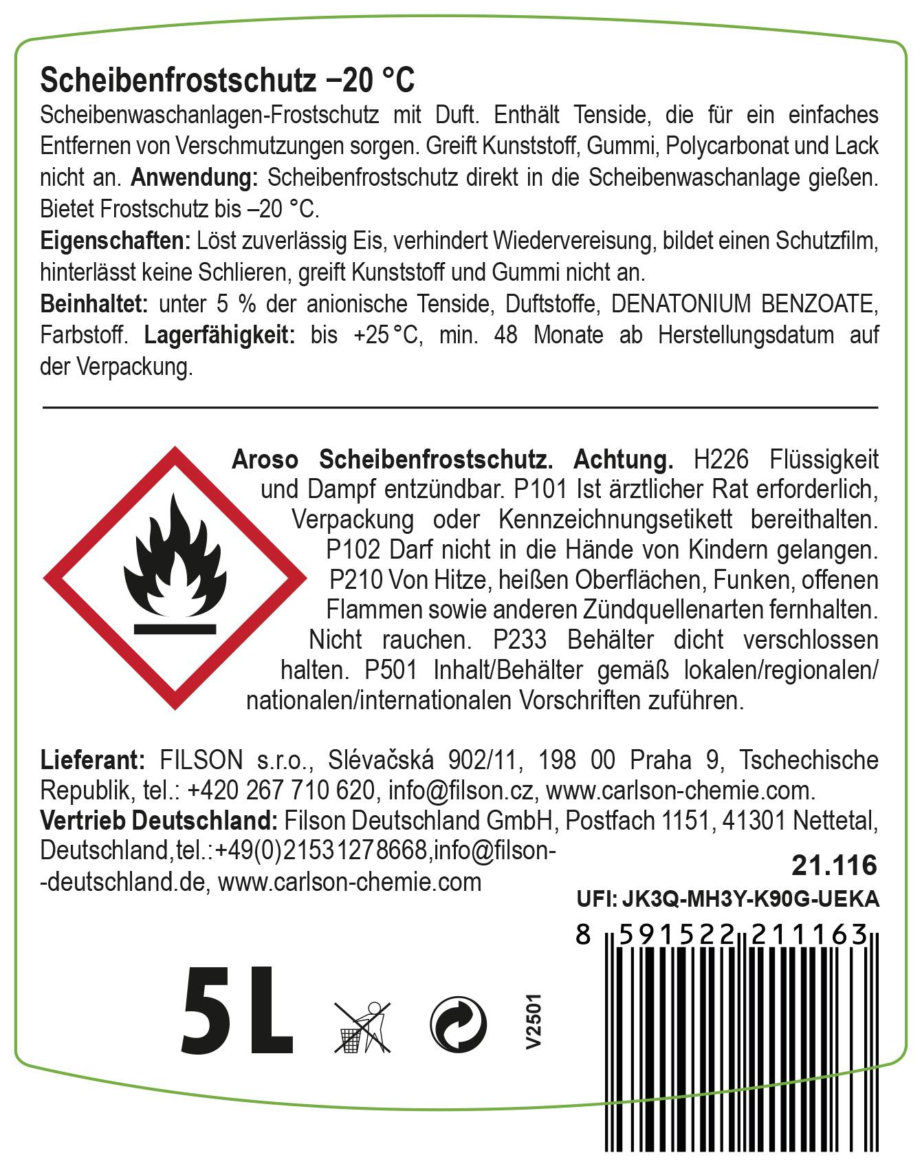 Aroso Scheibenfrostschutz Fertigmix -20°C. 5 Liter 21116 5l