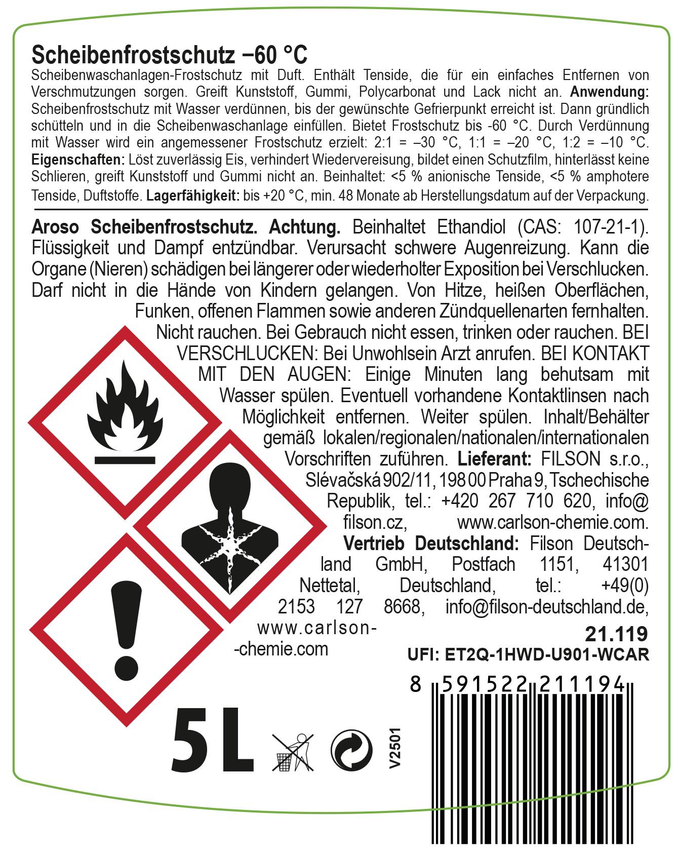 Aroso Scheibenfrostschutz Konzentrat -60°C, 5 Liter 21119 5l
