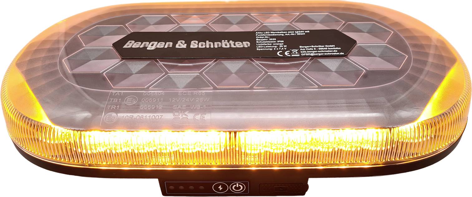 Berger & Schröter Warnbalken Akku LED Mini SM865DR 12 V, 24V über USB Magnetfuß Orange