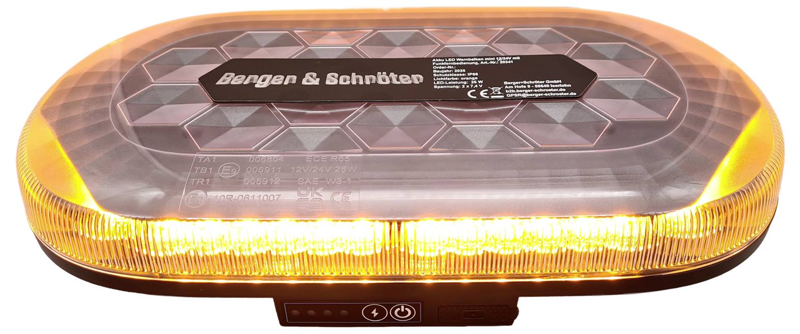Berger & Schröter Warnbalken Akku LED Mini SM865DR 12 V, 24 V über USB Magnetfuß Orange