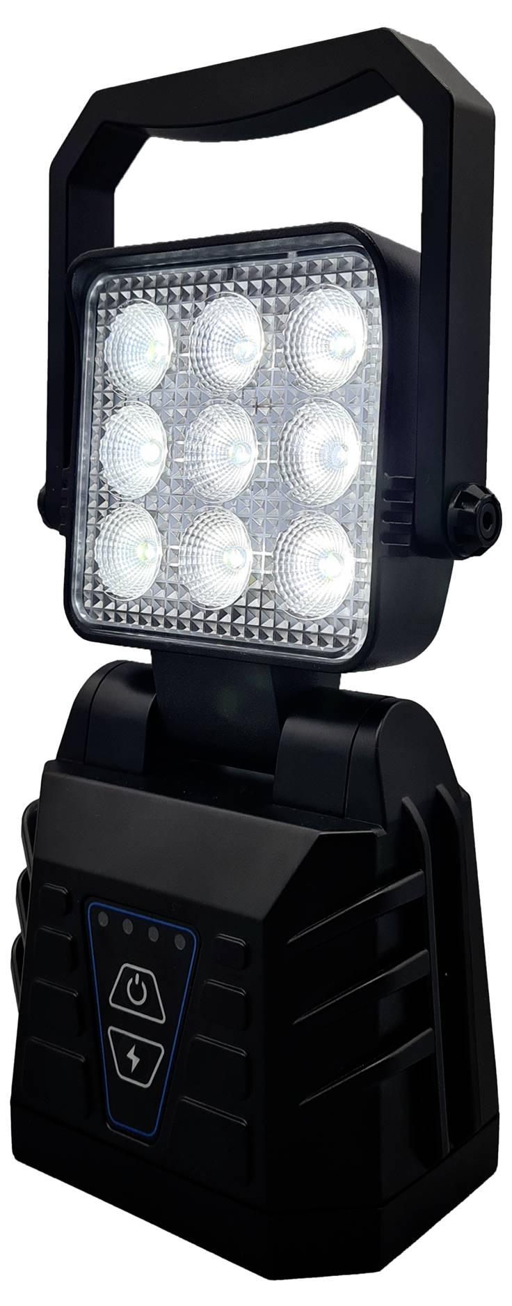 Eine tragbare LED-Arbeitsleuchte mit Griff, ausgestattet mit neun LED-Lampen, die in einem 3x3-Raster angeordnet sind und auf einer robusten schwarzen Basis mit Bedienelementen montiert sind.