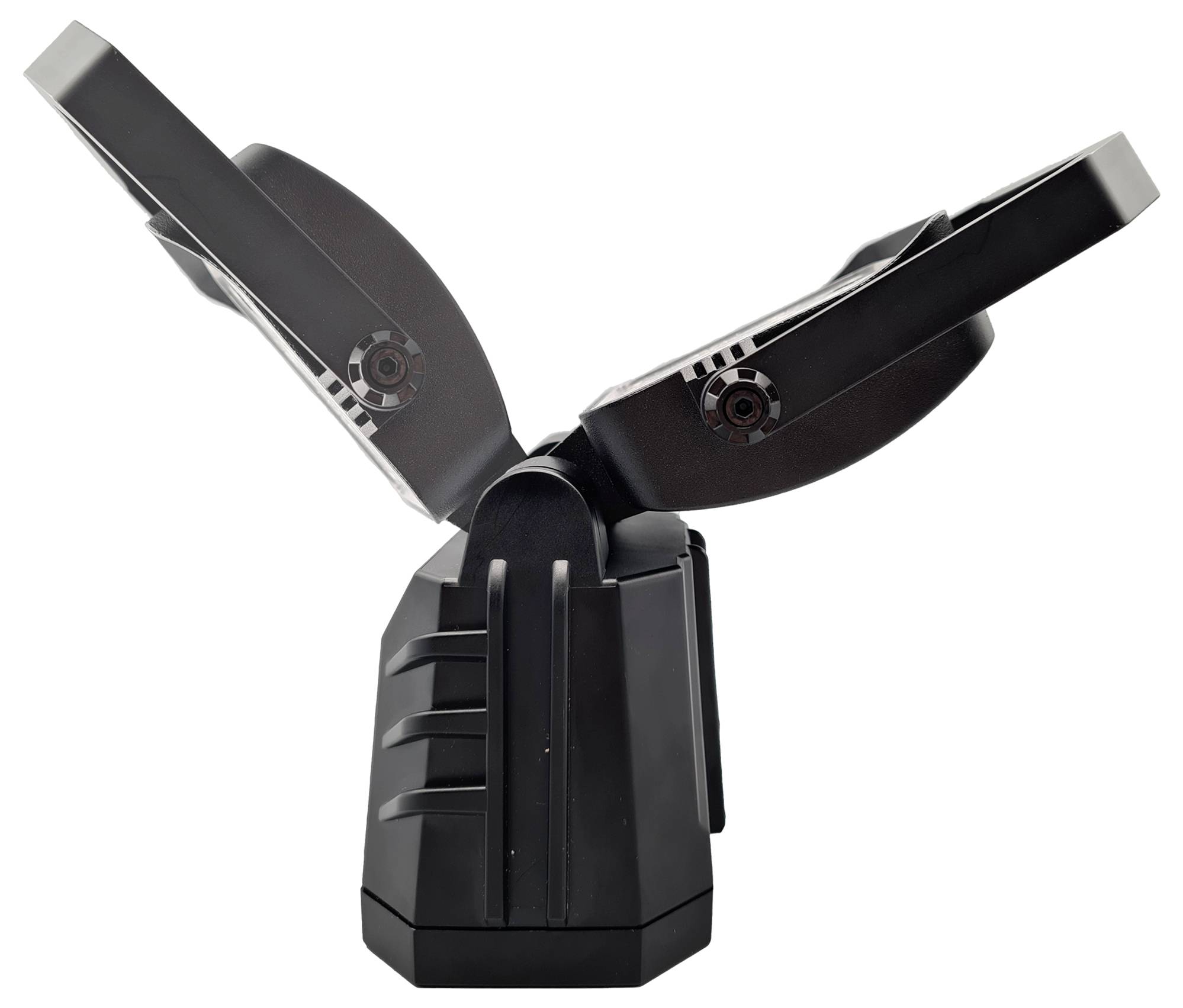 Das Bild zeigt einen schwarzen Doppel-CD-Player in offener Position, der zwei nach oben geneigte Ablagefächer mit sichtbaren Scharnieren und abgerundeten Kanten aufweist.