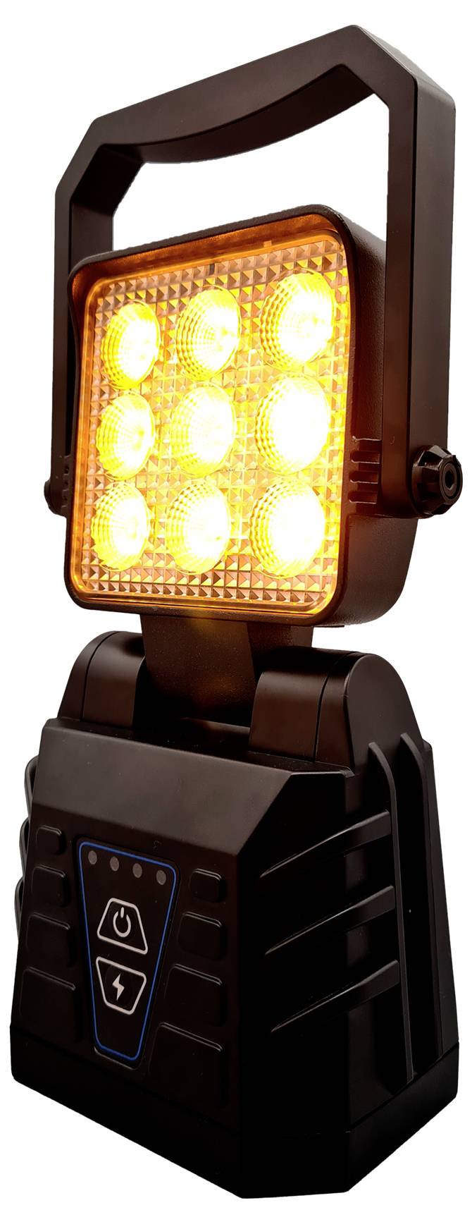 Eine schwarze tragbare LED-Taschenlampe mit Griff, die ein helles orangefarbenes Leuchten von neun kreisförmigen LEDs ausstrahlt, die in einem 3x3-Raster angeordnet sind.