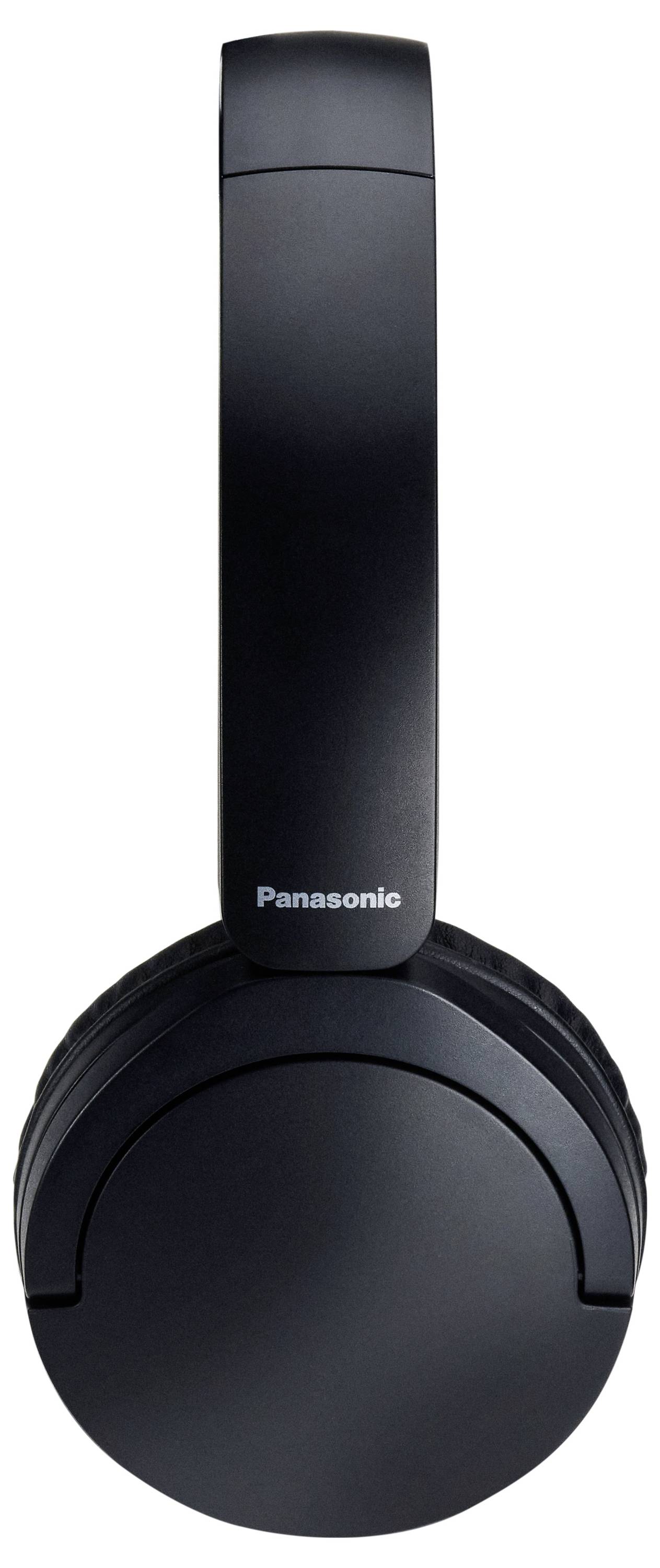 Ein Paar schwarze Over-Ear-Panasonic-Kopfhörer mit elegantem Design, von vorne betrachtet, mit sichtbarem Markenlogo auf dem Kopfbügel.