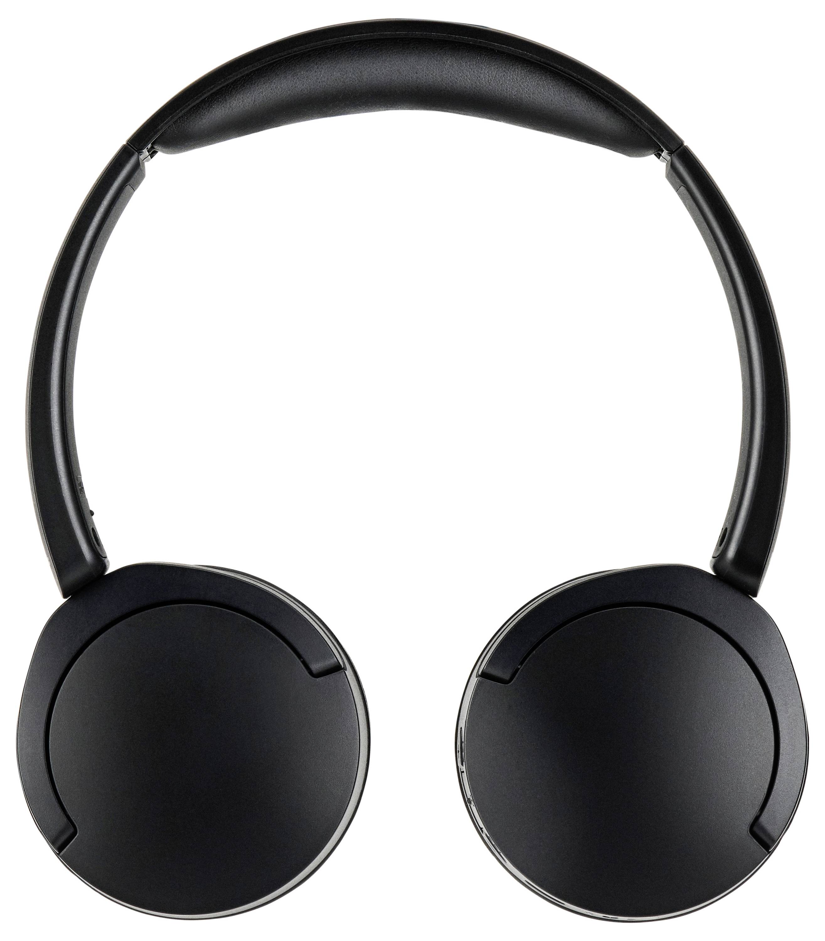 Ein Paar schwarze Over-Ear-Kopfhörer mit gepolsterten Ohrmuscheln und Kopfbügel, von vorne gegen einen weißen Hintergrund betrachtet.