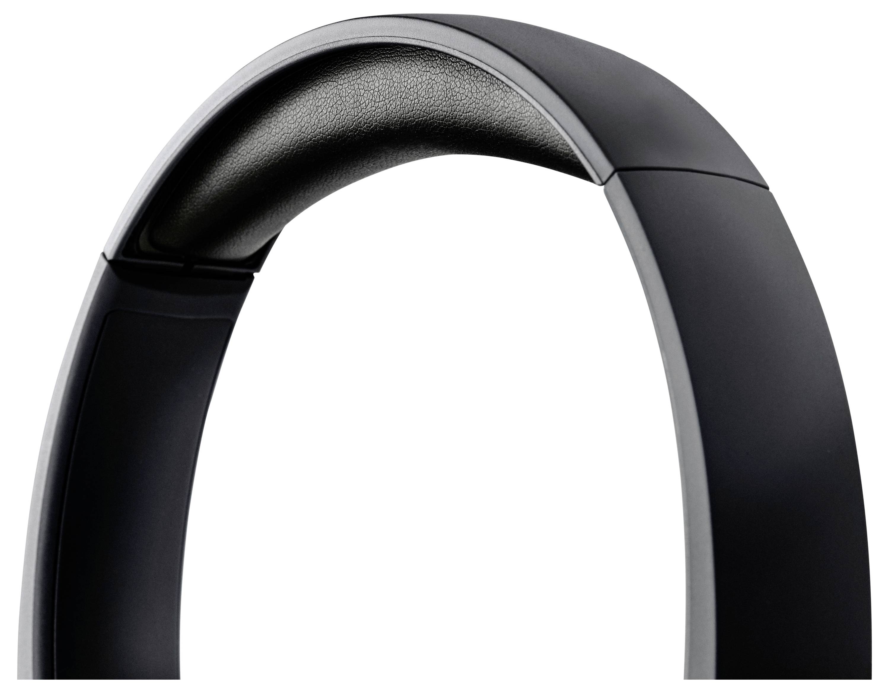 Eine Nahaufnahme eines schwarzen Kopfhörerbügels, die sein glattes, stromlinienförmiges Design und das gepolsterte Innere für Komfort zeigt.