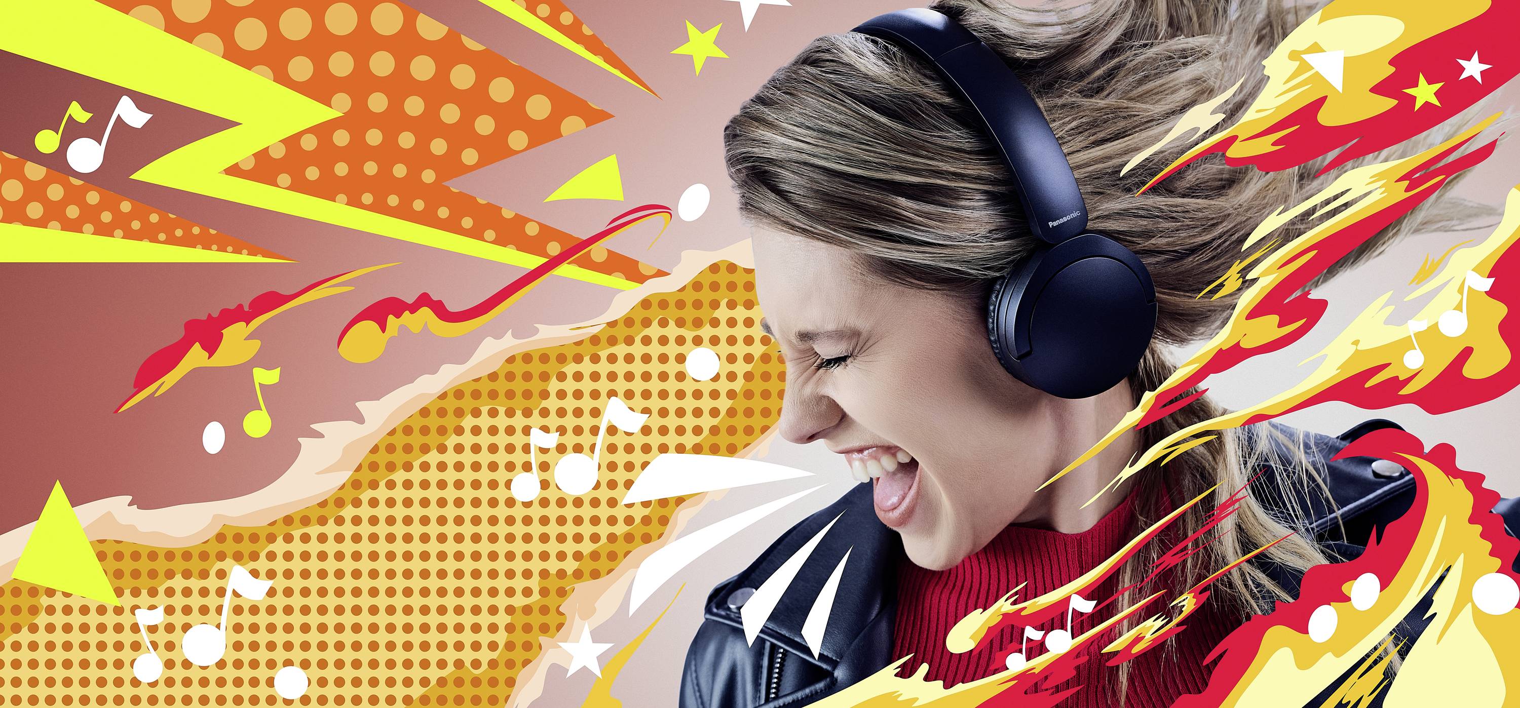 Eine Person mit Kopfhörern erlebt Musik voller Freude, umgeben von lebendigen, comicartigen Grafiken mit Musiknoten und leuchtenden Farben.