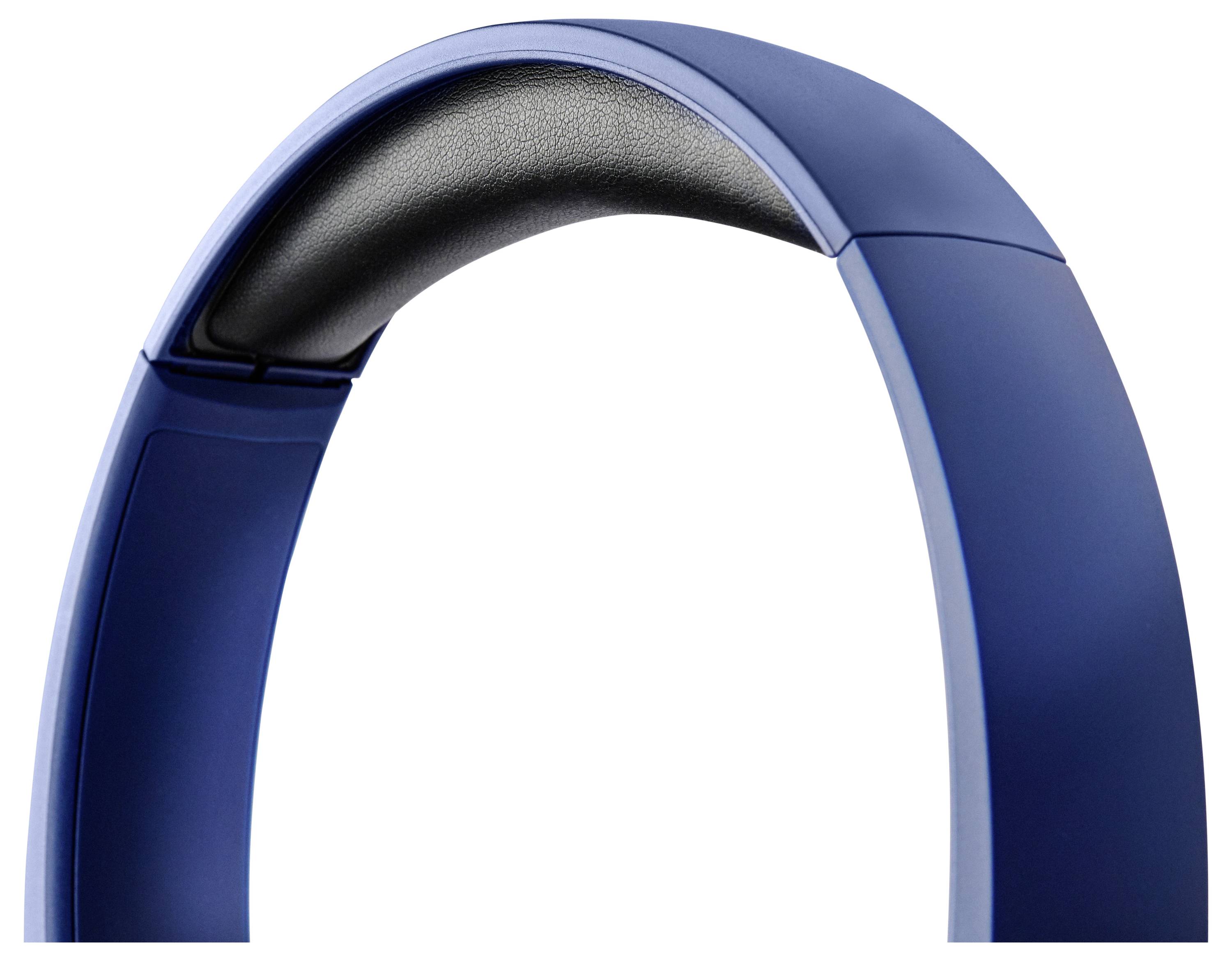 Eine Nahaufnahme eines blauen Over-Ear-Kopfhörerbügels mit schwarzer Polsterung, die sein Design und seine Dämpfung hervorhebt.