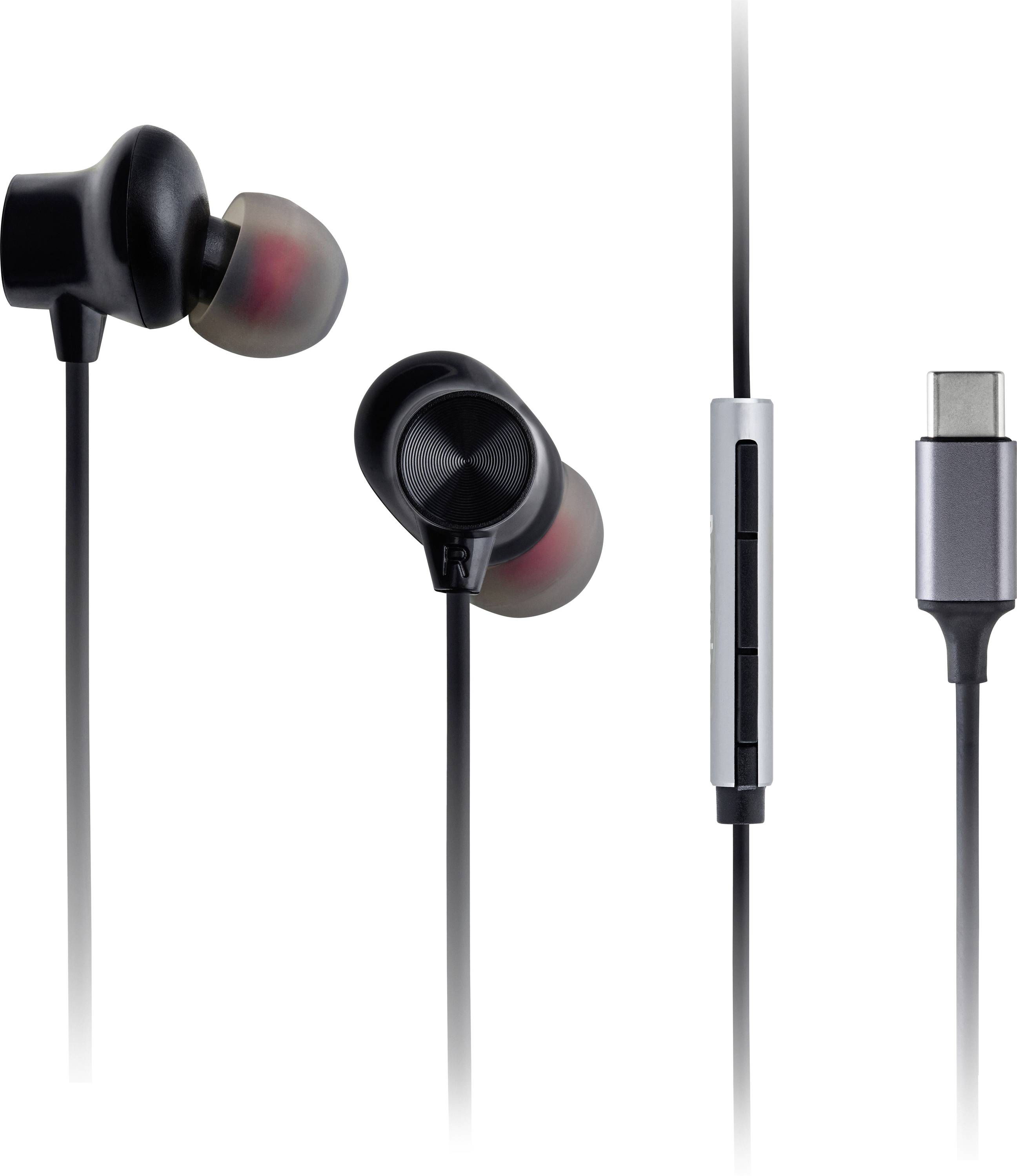Schwarze In-Ear-Kopfhörer mit USB-C-Anschluss, ausgestattet mit einer Inline-Fernbedienung mit drei Tasten.
