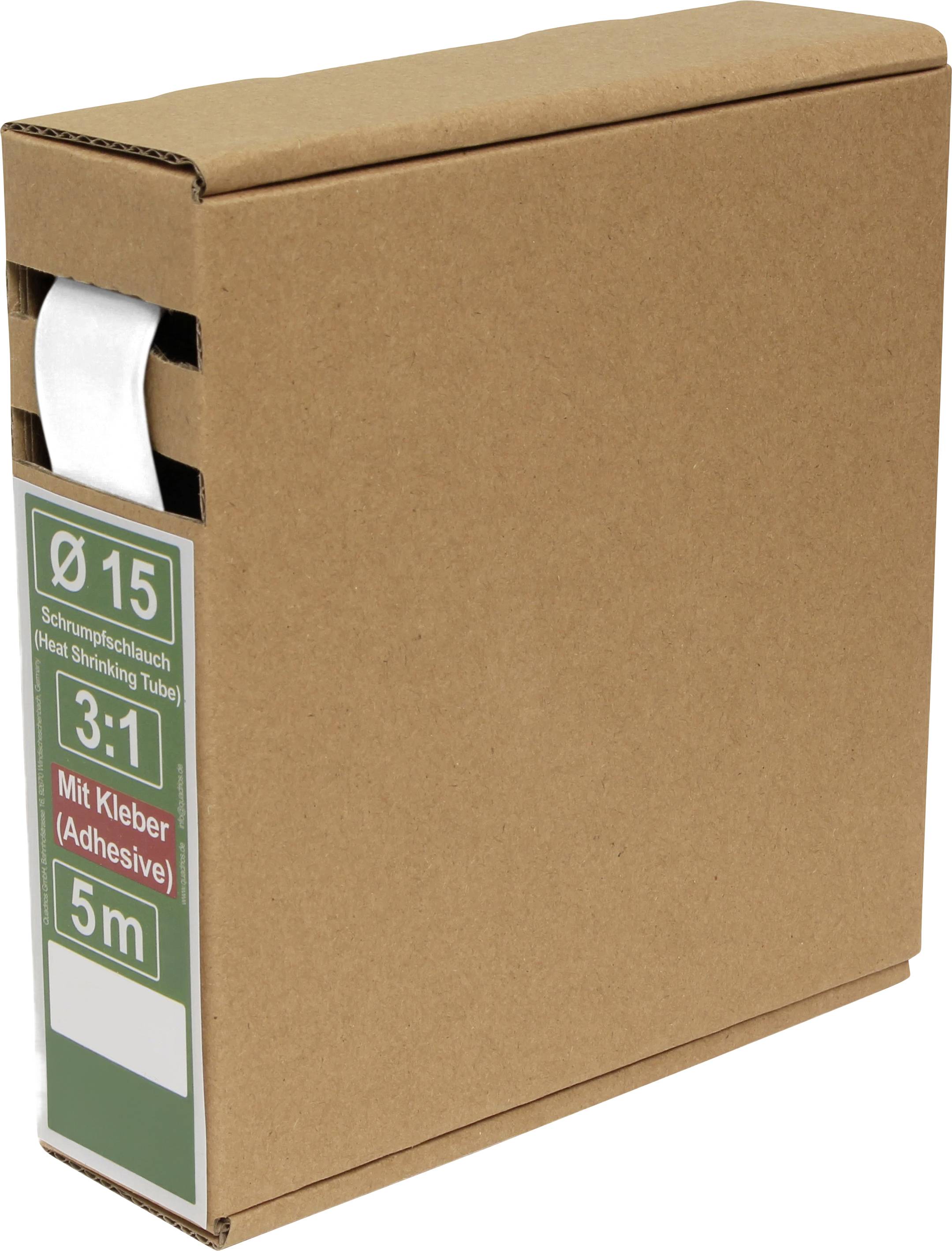 Eine braune Pappschachtel mit einer Schrumpfschlauch-Verpackung, beschriftet mit 'Ø 15', '3:1', 'Mit Kleber (Klebstoff)', '5m'.