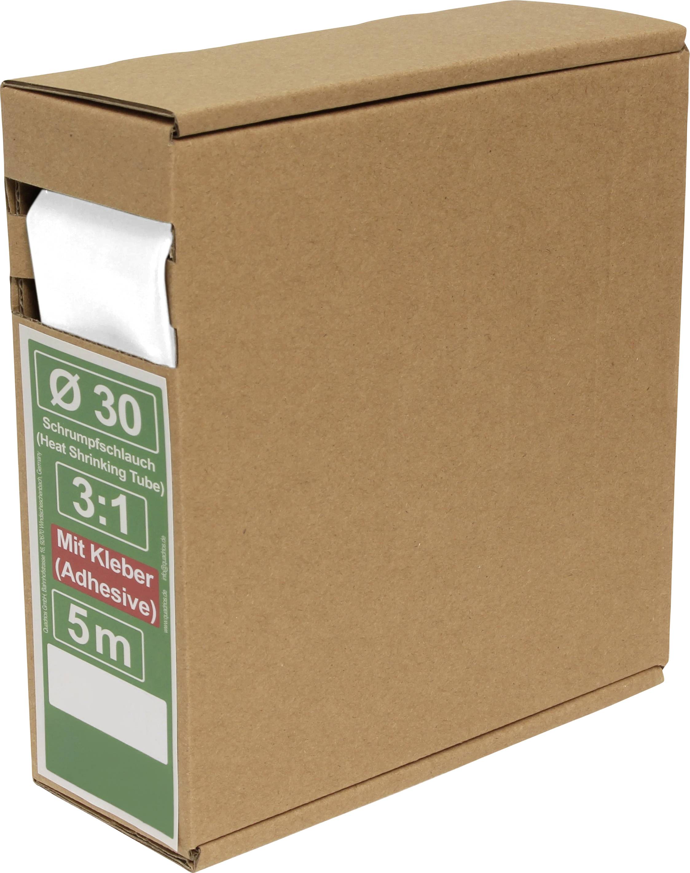 Brauner Karton mit der Beschriftung 'Ø 30 Schrumpfschlauch (Schrumpfschlauch) 3:1 Mit Kleber (Klebstoff) 5m', mit einem teilweise sichtbaren weißen Gegenstand.