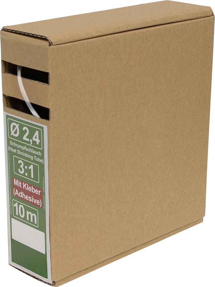 Eine braune Pappschachtel mit einer 10-Meter-Rolle von 2,4 mm Schrumpfschlauch mit Kleber, gekennzeichnet durch ein grün-weißes Etikett.