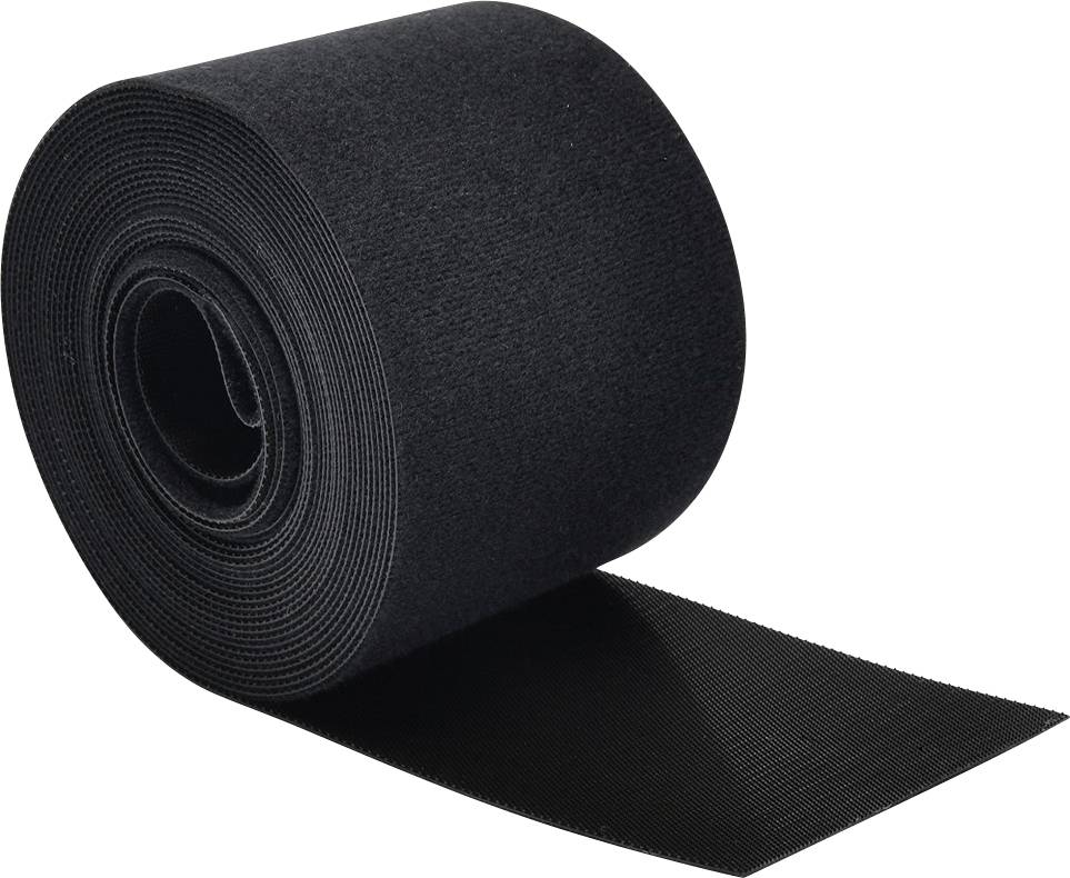 Eine Rolle schwarzen elastischen Klebebands, die sich leicht an der Kante abwickelt, wird gezeigt. Das Band erscheint dick und strukturiert, geeignet für unterstützende Anwendungen.