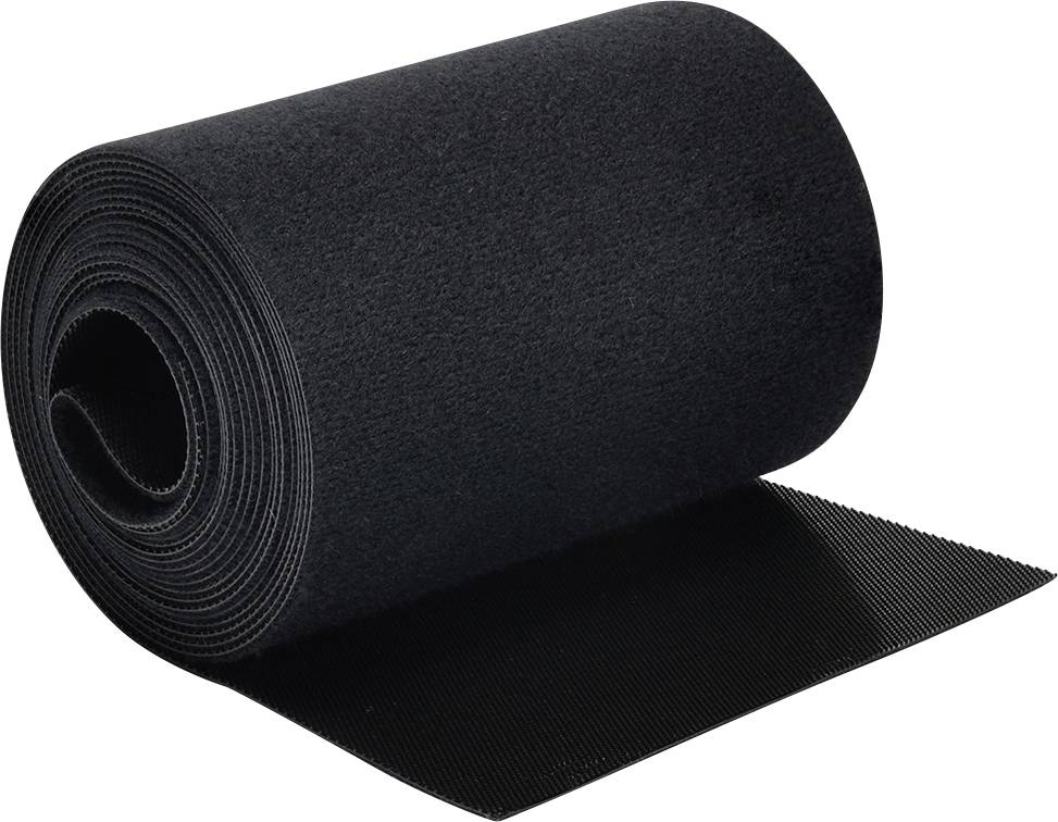 Eine schwarze Rolle aus strukturiertem Material, die auf einer ebenen Oberfläche teilweise ausgerollt ist und ihre Dicke und Textur zeigt.