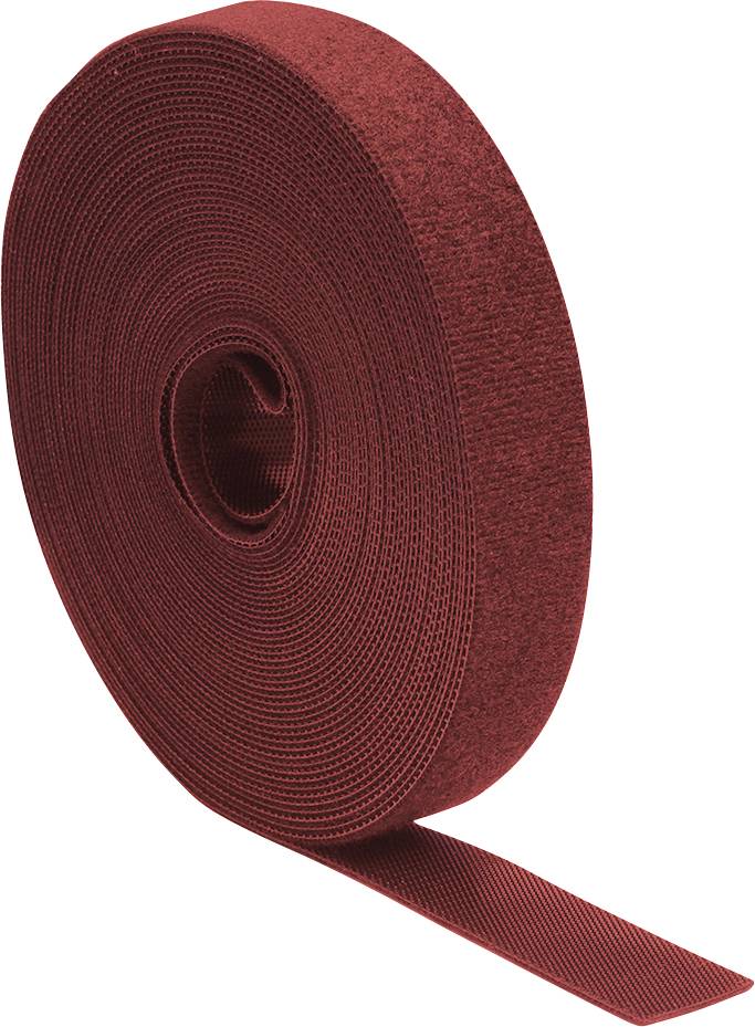 Eine große Rolle rotes Klett- oder Klebeband, das zum sicheren Verbinden von Materialien verwendet wird, wobei ein Ende leicht abgerollt ist.