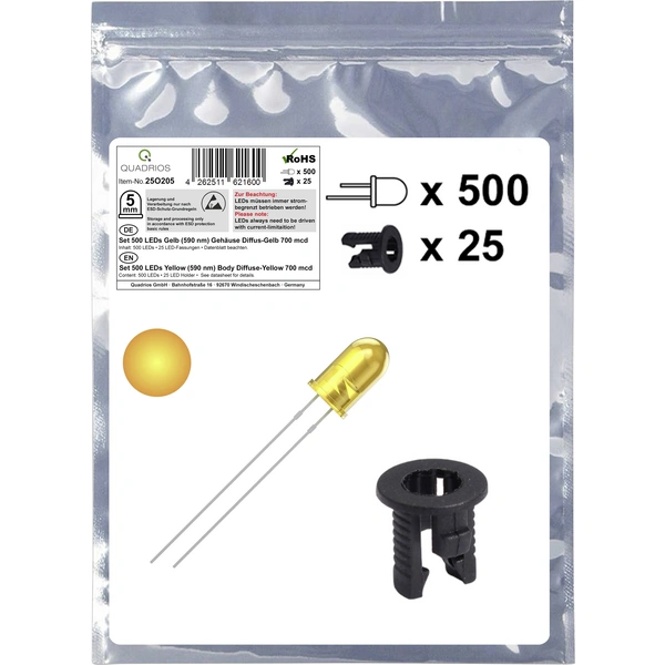 Quadrios 25O205 LED-Sortiment Gelb Rund 5 mm 700 mcd 20 mA 2.0 V Quadrios 25O205 LED-Sortiment Gelb Rund 5 mm 700 mcd 20 mA 2.0 V