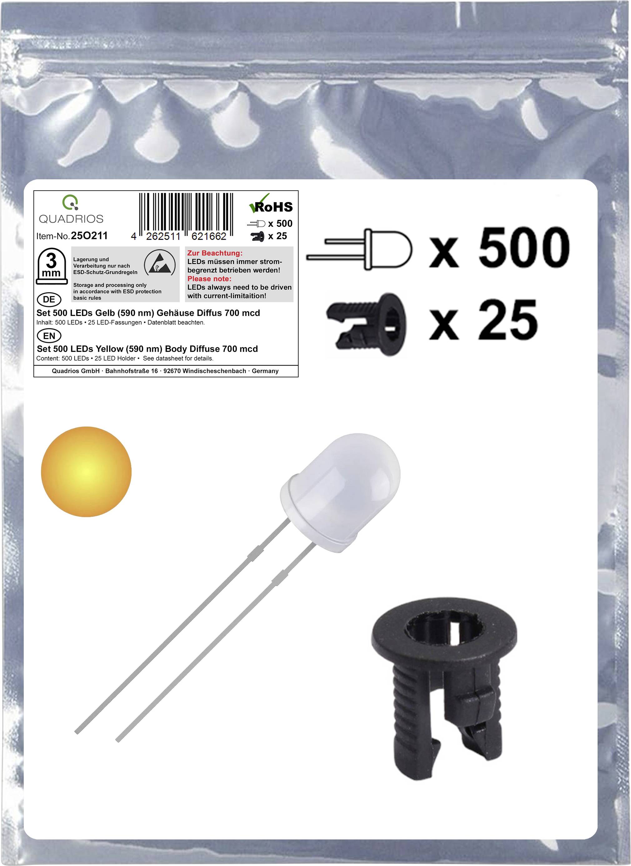 Quadrios 25O211 LED-Sortiment Gelb Rund 3mm 700 mcd 20mA 2.0V