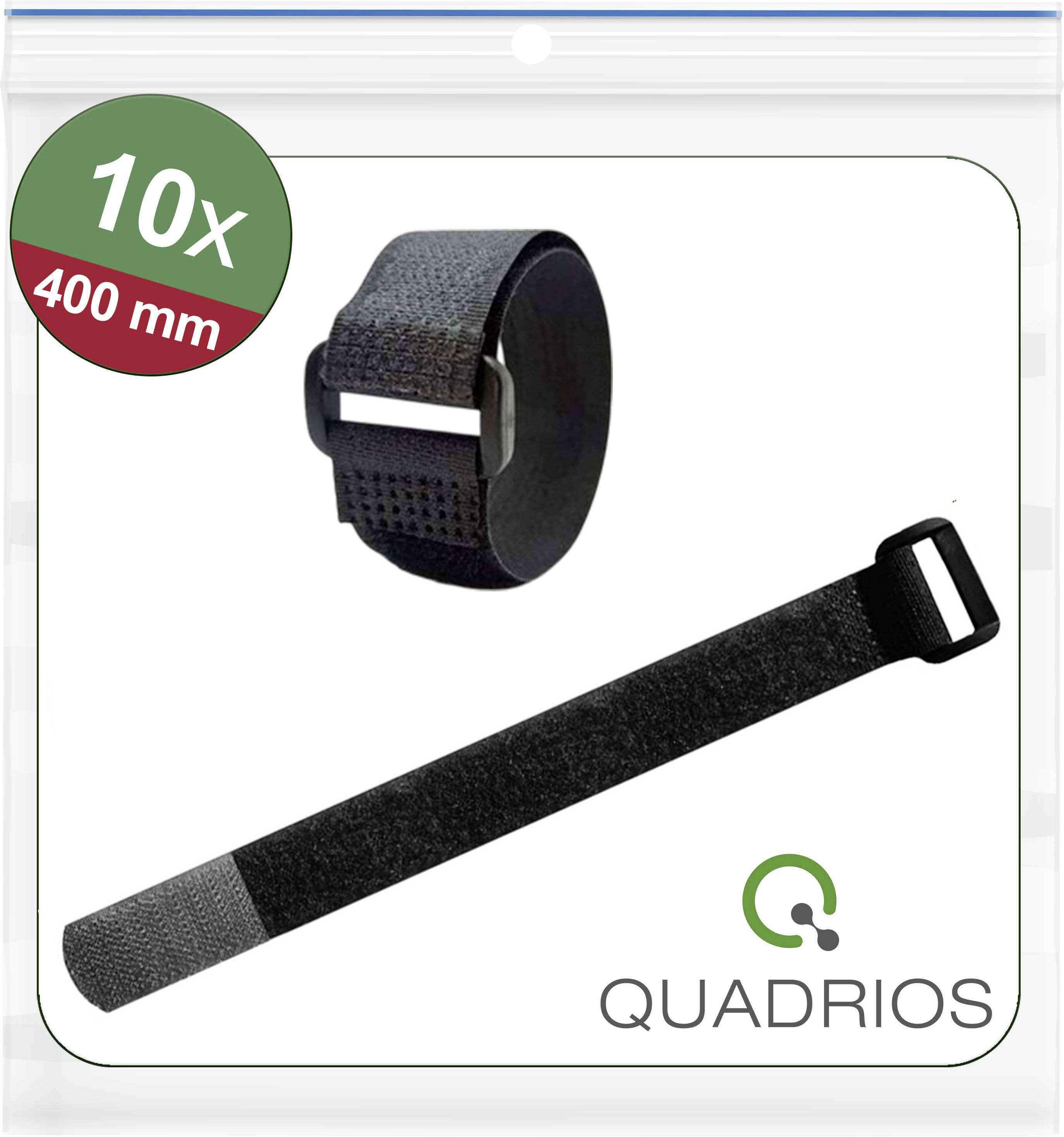 Schwarze Kabelbinder der Marke 'Quadrios' im 10er-Pack, jeweils 400 mm lang, dargestellt in gesicherter Bündelform und ausgestreckter Form.