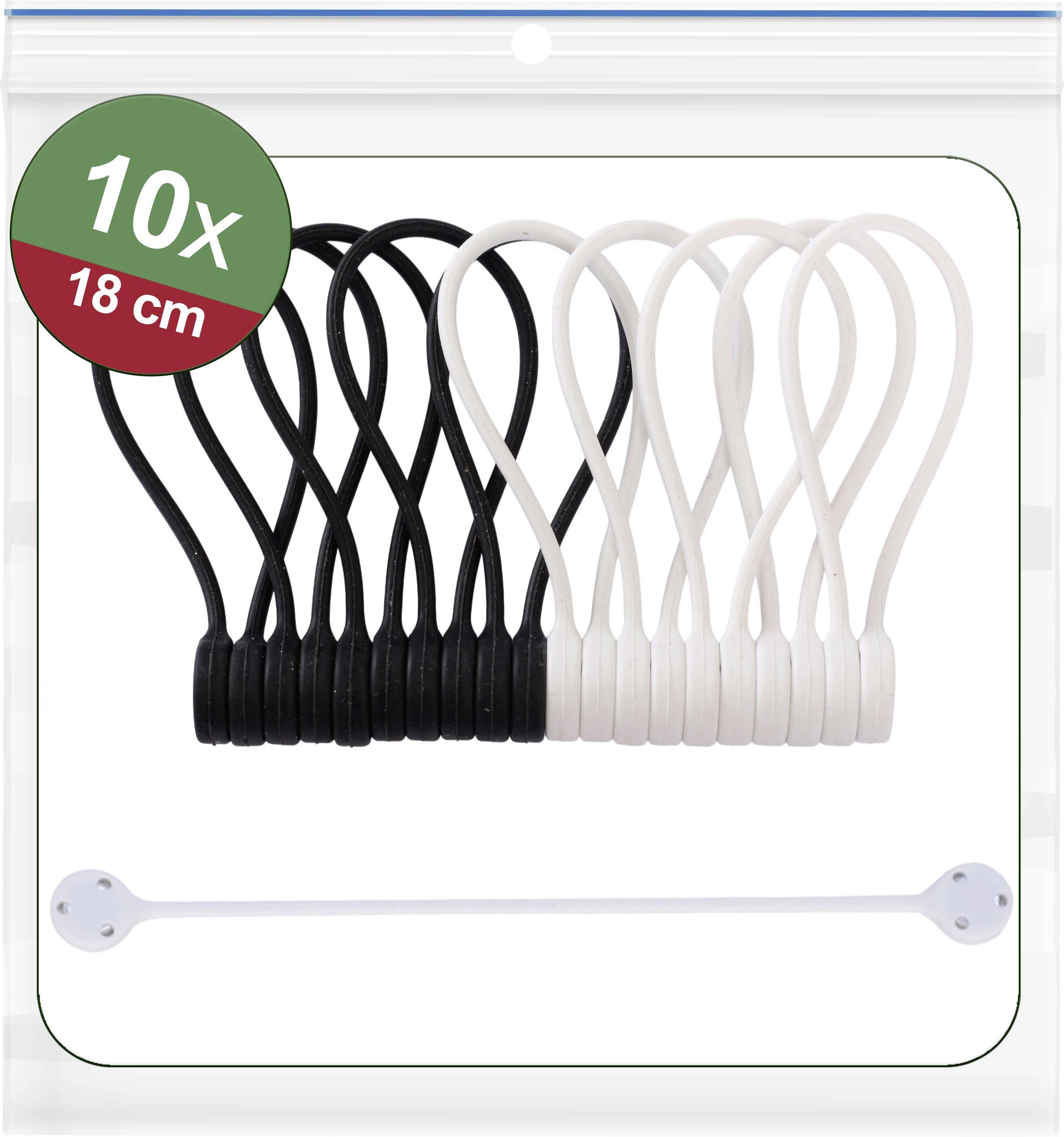 Eine versiegelte Tüte enthält 10 flexible, wiederverwendbare Kabelbinder in Schwarz und Weiß, jeweils 18 cm lang.