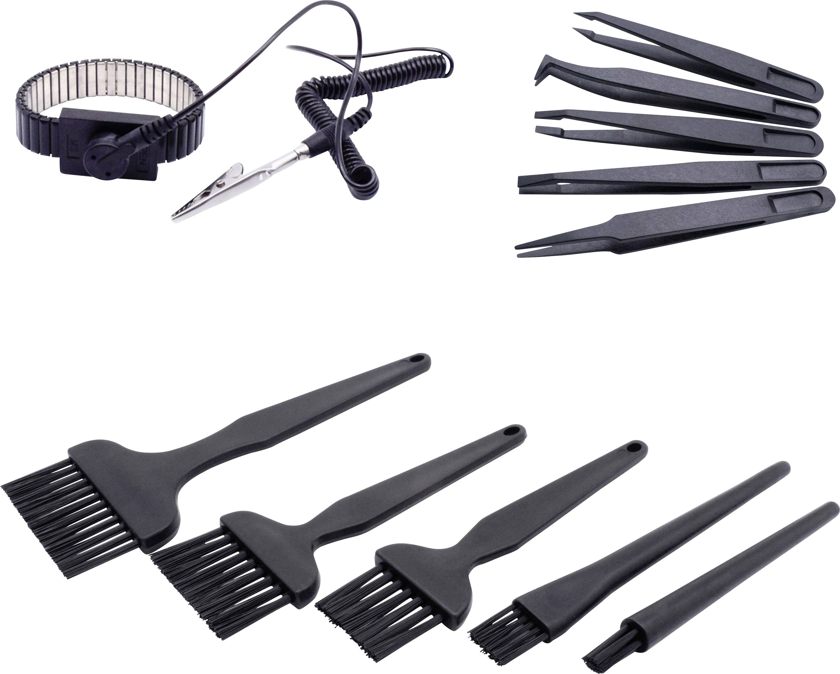 Eine Sammlung von Haarfärbeutensilien in Schwarz, einschließlich Pinsel, Haarklammern und Applikatoren, die üblicherweise zum Haarfärben zu Hause oder im Salon verwendet werden.