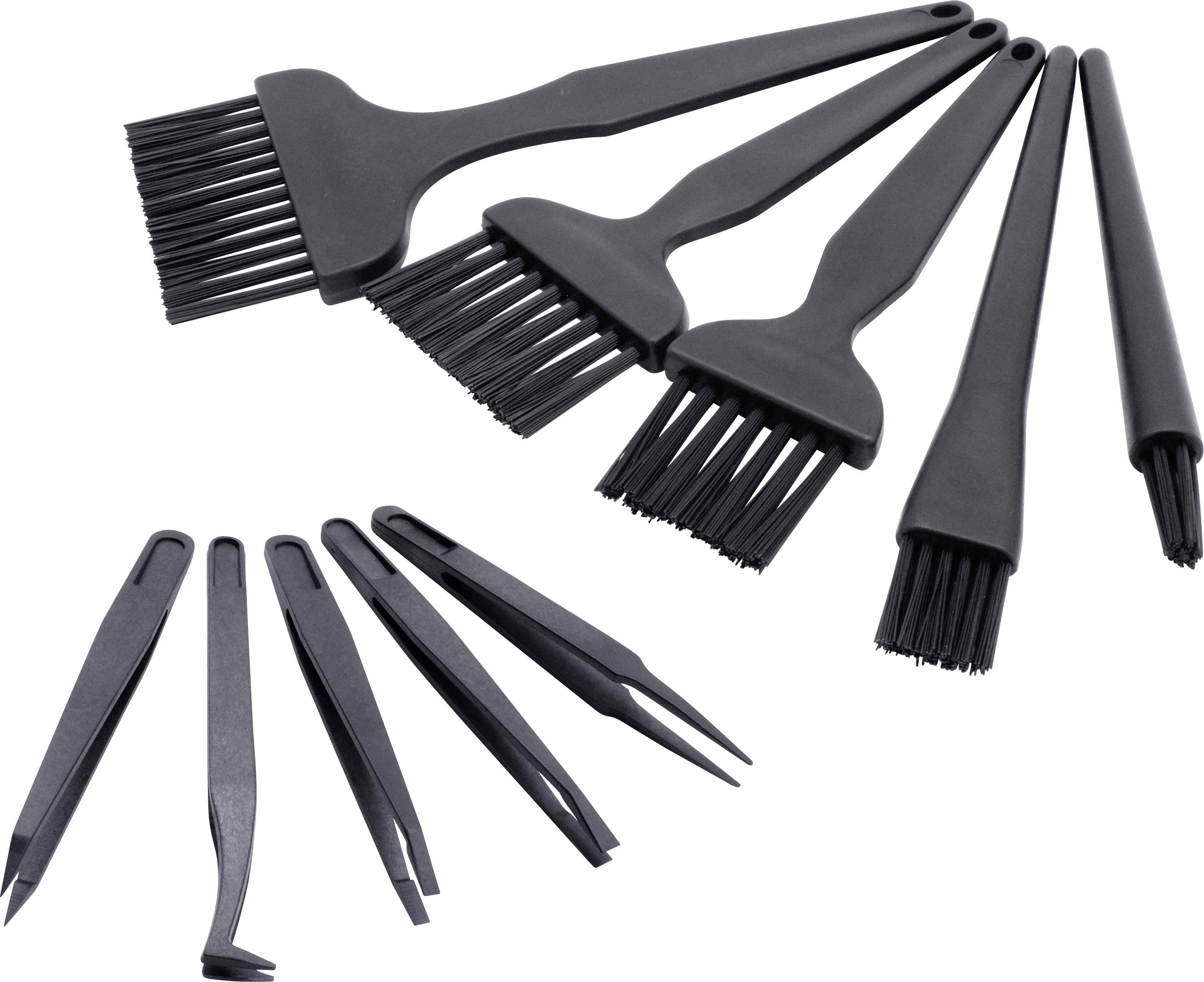 Ein Set aus acht schwarzen Detailwerkzeugen, bestehend aus drei Pinseln und fünf Picks, entwickelt für präzise Reinigungs- oder Handwerksaufgaben.