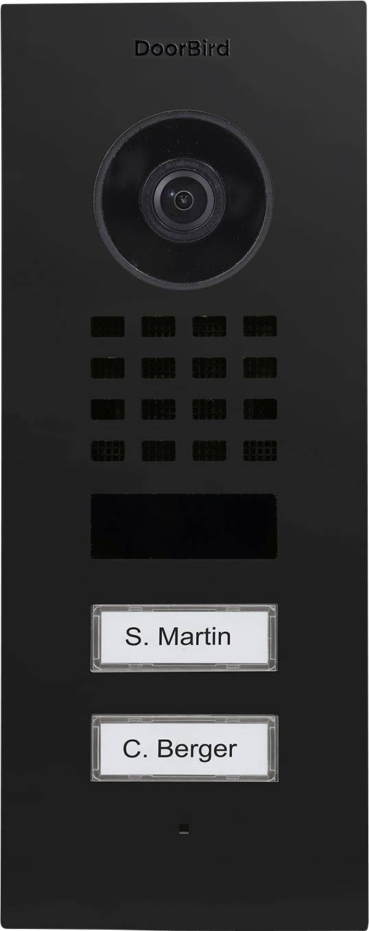 Gegensprechanlage mit Kameraobjektiv und zwei beschrifteten Tasten: 'S. Martin' und 'C. Berger'.