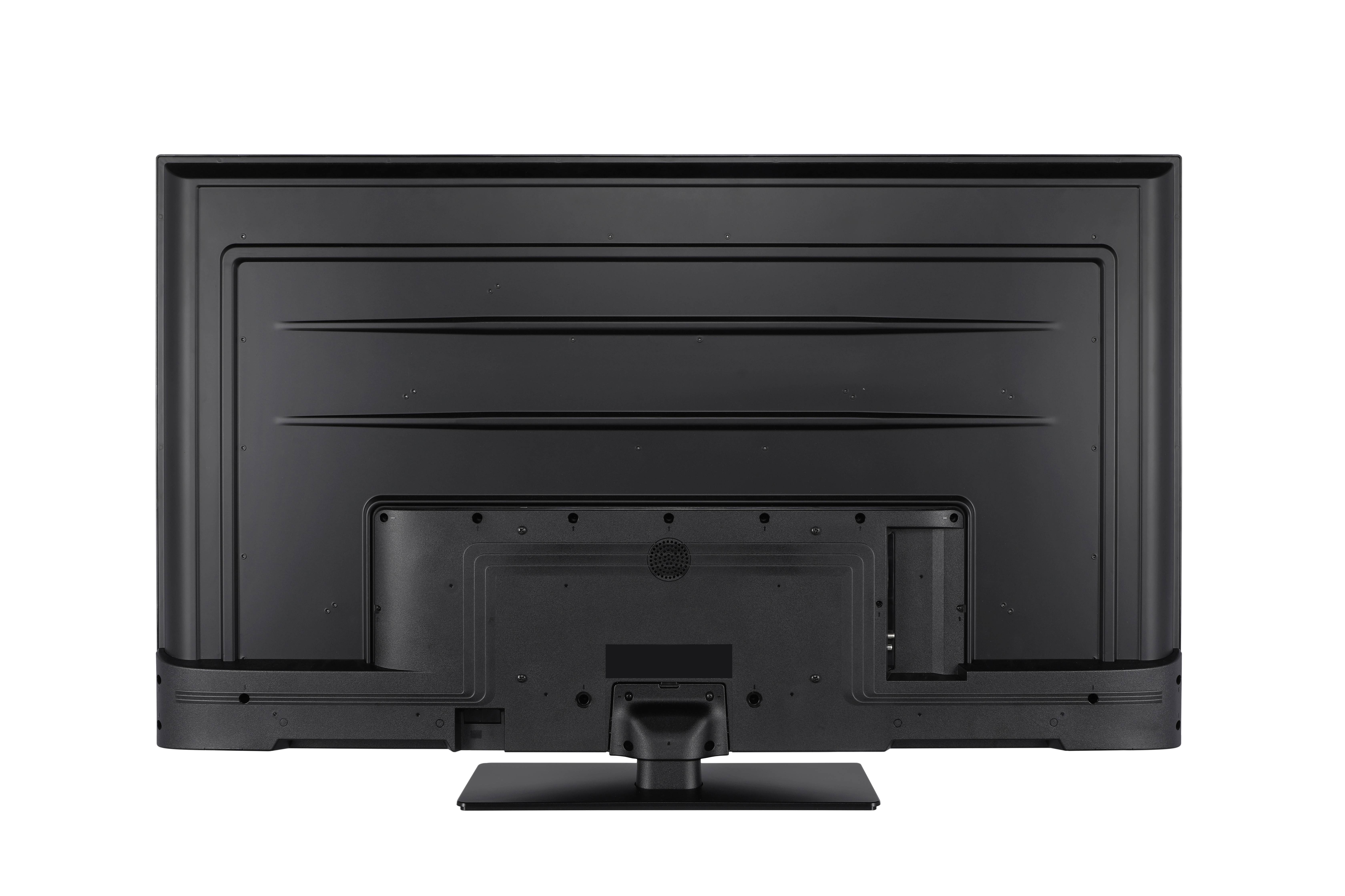 Rückansicht eines Flachbildschirm-Fernsehers, die Anschlüsse und Lüftungsöffnungen zeigt und die Anordnung der Anschlussmöglichkeiten und Kühlungsfunktionen betont.